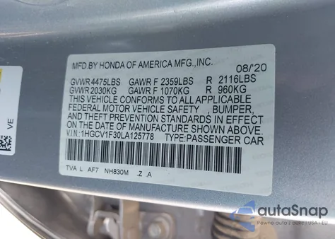 2020 Honda Accord Sport из США, поврежденный, VIN 1HGCV1F30LA125778